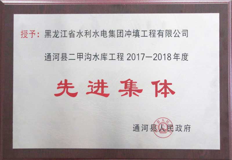 我公司承建的通河县二甲沟水库工程被通河县人民政府授予“先进集体”荣誉称号